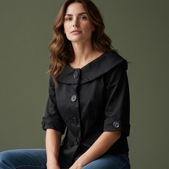 Vintage Black Portrait Collar Cropped Short Sleeve Jacket Blazer Zebra Lined SZ6 - Picture 2 of 13